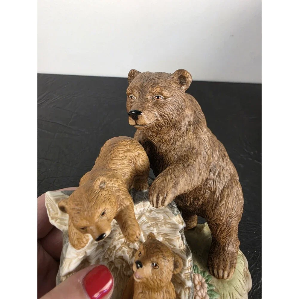Curious Cubs Bear Family On Log & Base HOMCO Figurine #1435 Home Interiors Mama
